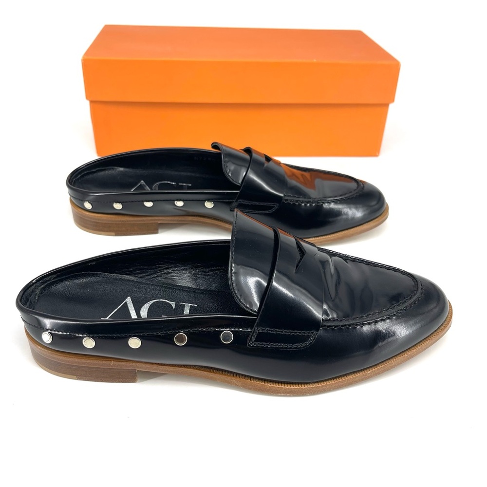 ✨NWB AGL Black Leather Stud Trim Penny Loafer Mule 39.5 Sleek Preppy MSRP $375